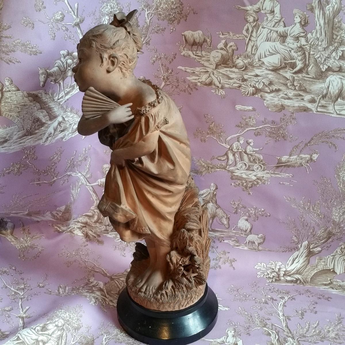 Terre Cuite "jeune Fille à l'éventail" XIXème-photo-4