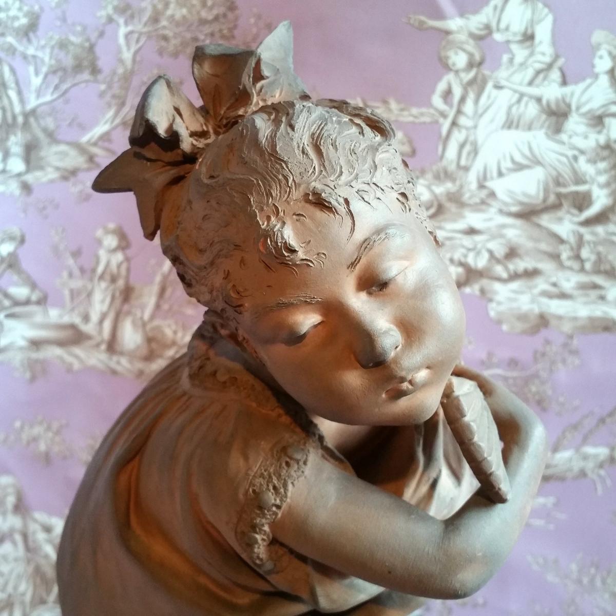 Terre Cuite "jeune Fille à l'éventail" XIXème-photo-1