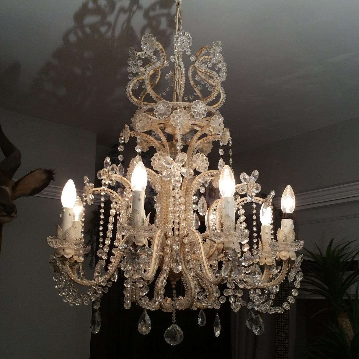 Lustre Fer Forgé Et Cristal Italie 1950