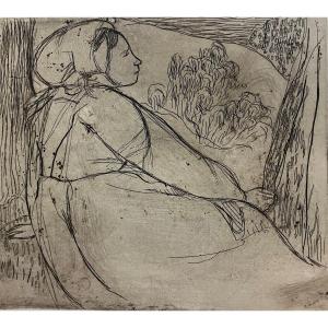 ARMAND SEGUIN (1869-1904)  Gravure,  Jeune paysanne assise de profil 