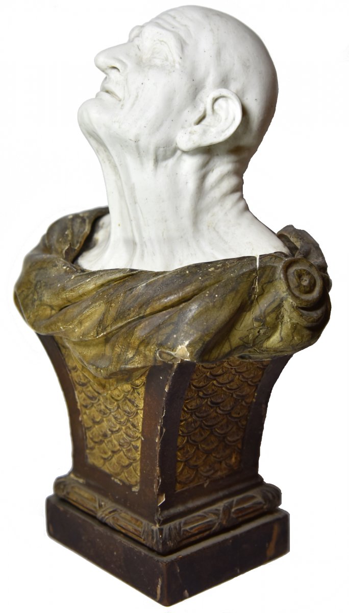 Biscuit Bust Of The Pseudo-seneca After Guido Reni Mounted On A Wooden Sheath, Late 18 Th C. -photo-3
