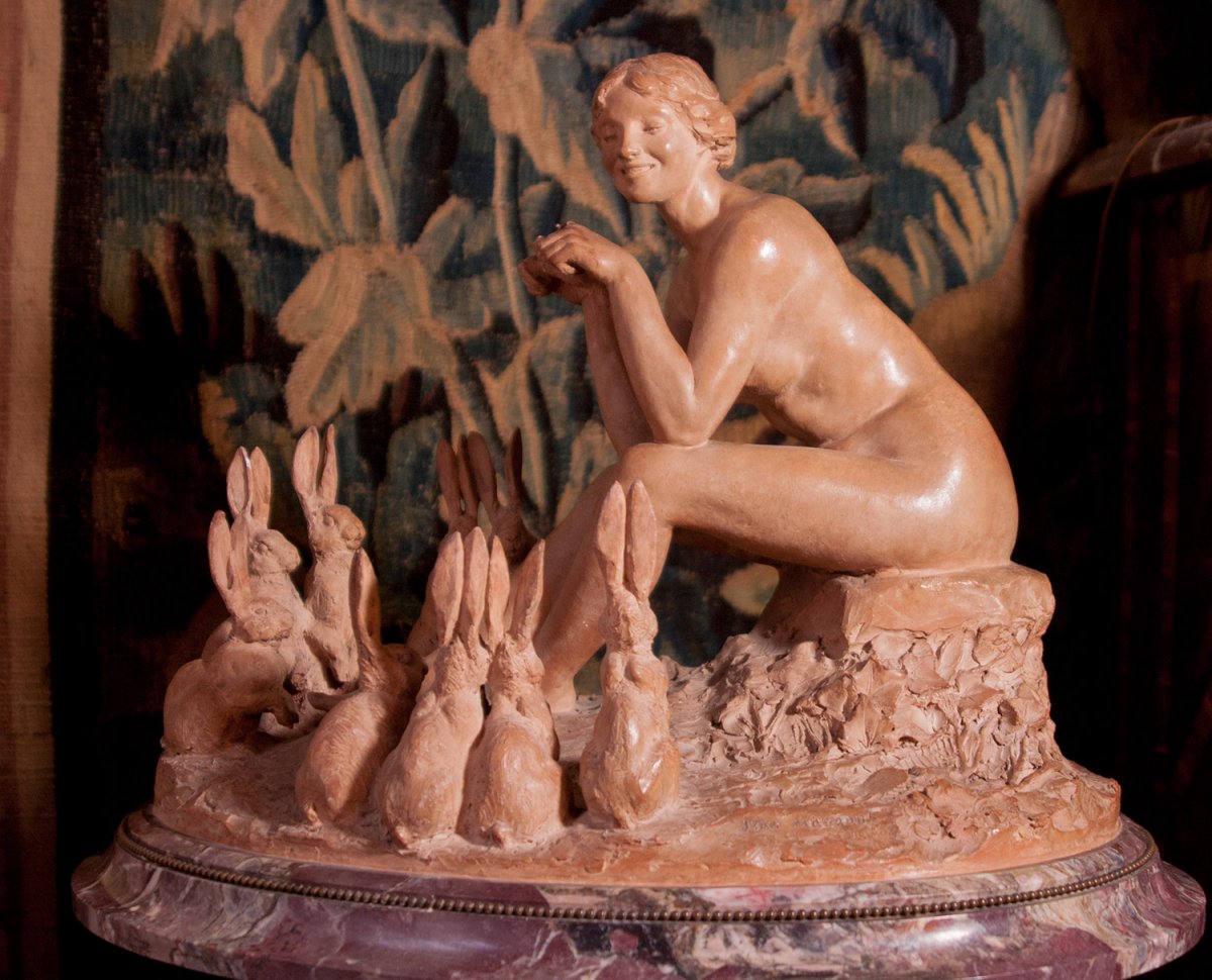 Young Woman With Rabbits, Original Terracotta Group By Jean Magrou (1869-1945)-photo-3