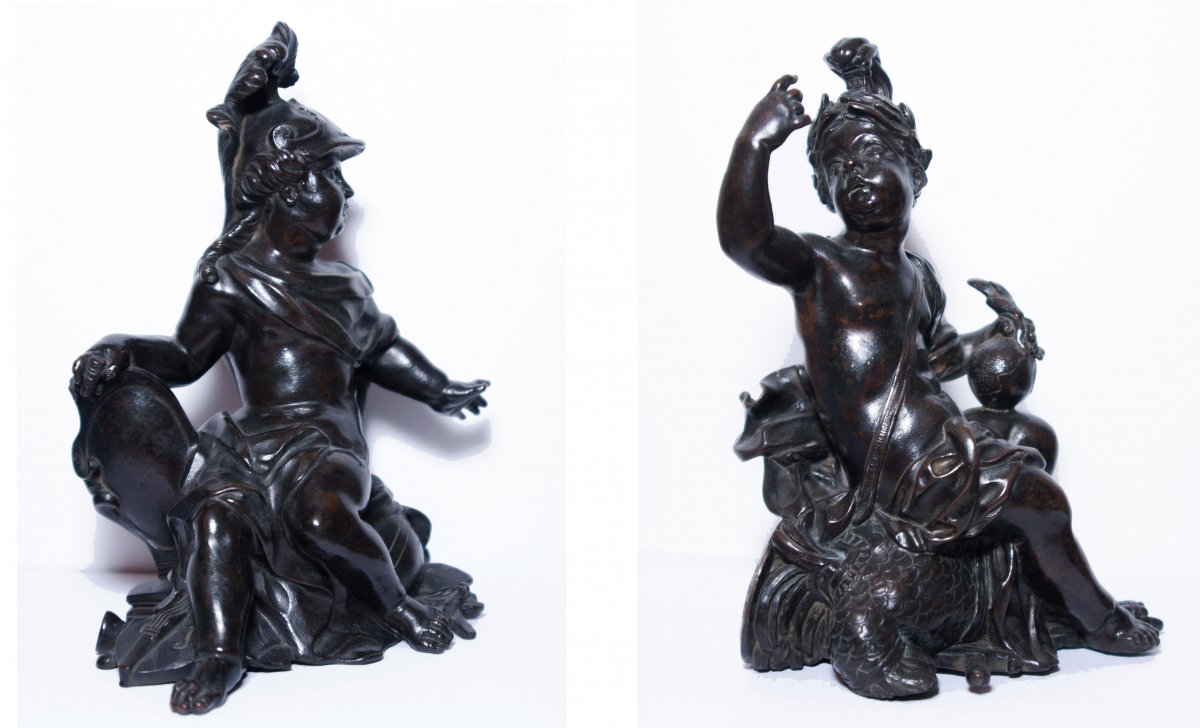 Paire de sculptures en bronze allégoriques d'époque Régence