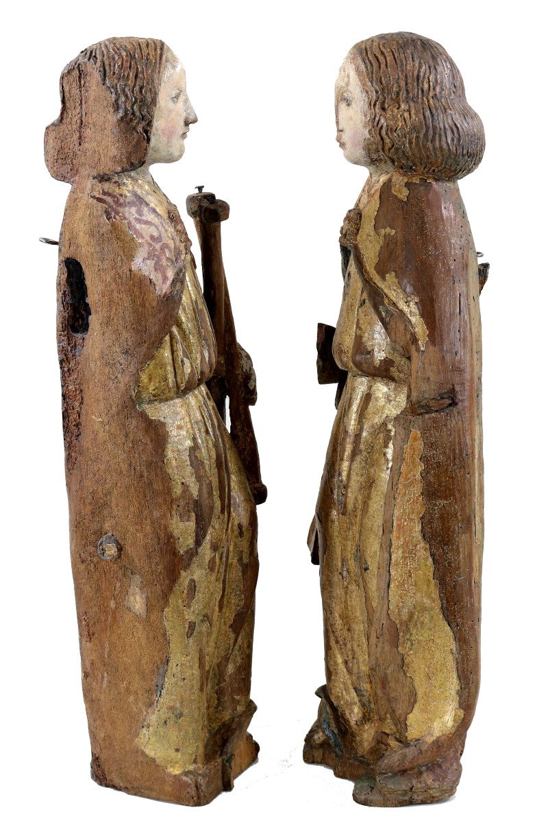 Pair Of Gilt And Polychrome Wood Angels Circa 1500-photo-3