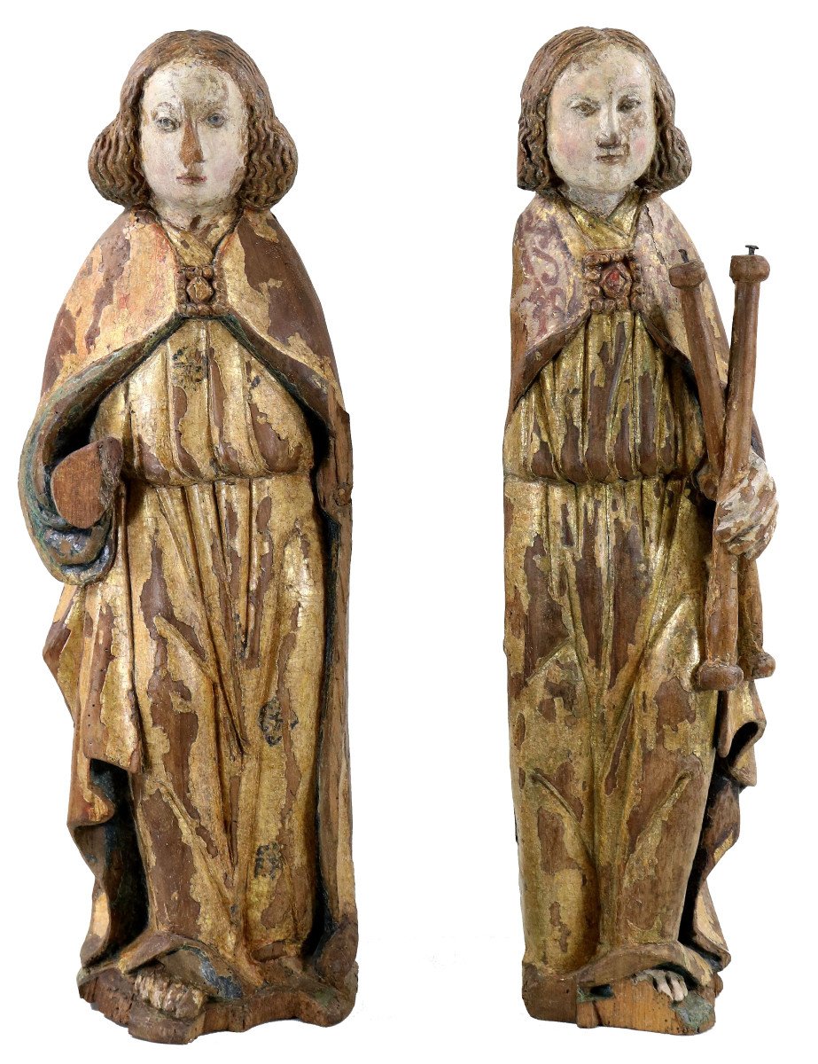 Pair Of Gilt And Polychrome Wood Angels Circa 1500