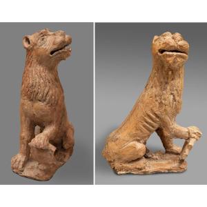Large Pair Of Terracotta Lions