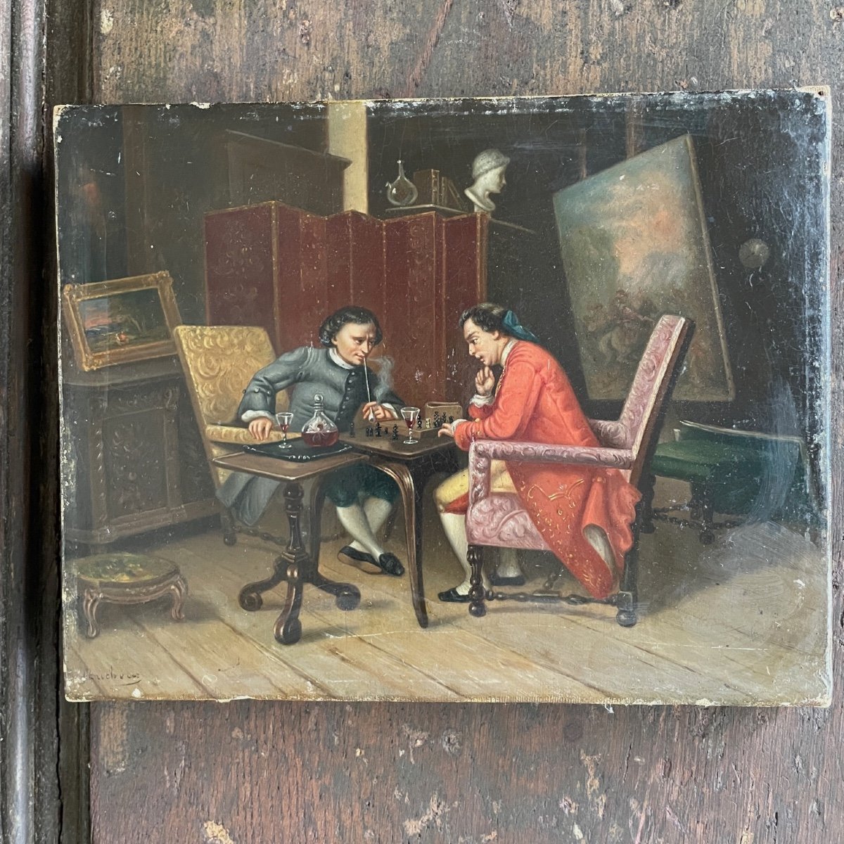 Les Joueurs d'échecs Huile Sur Toile-photo-2