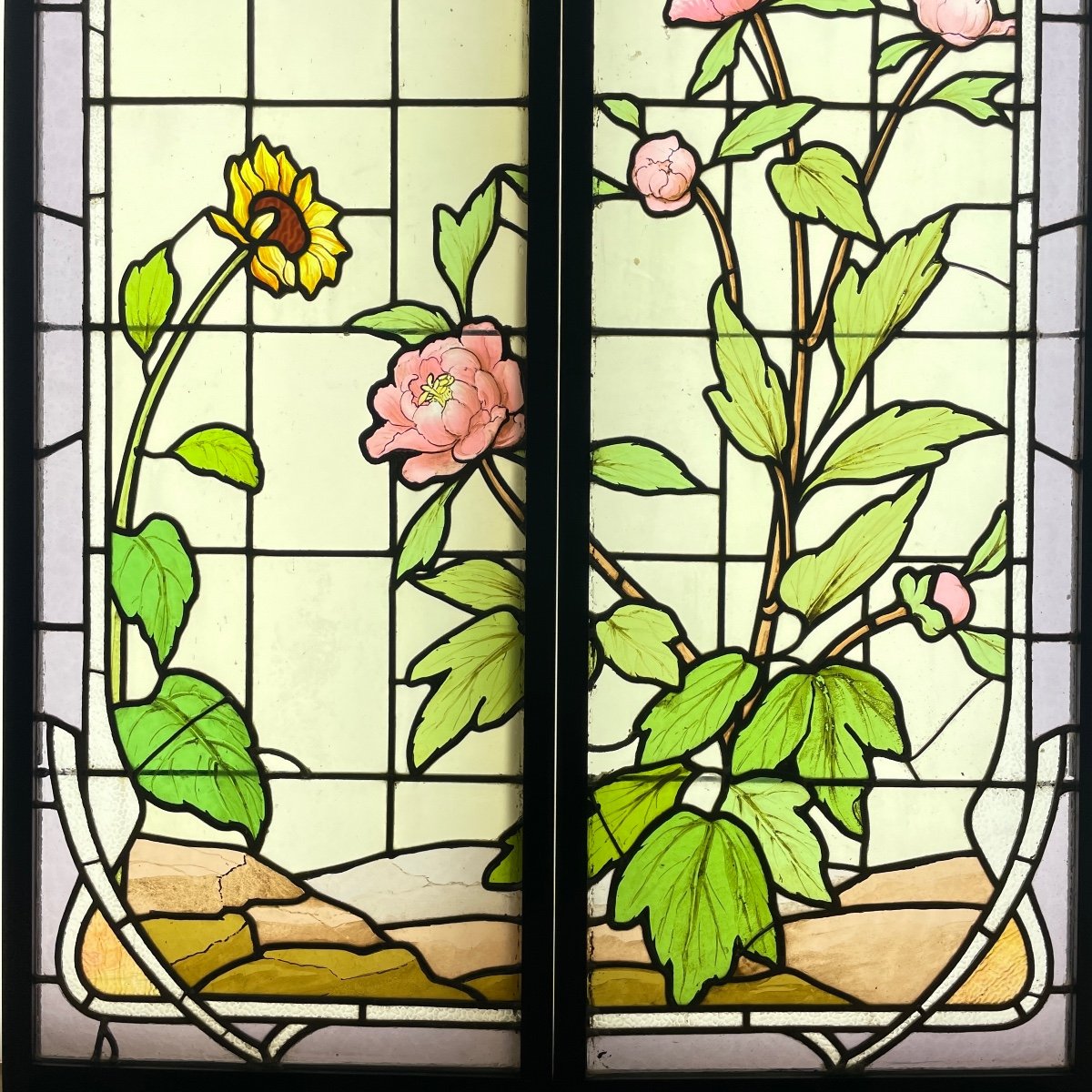 Art Nouveau Stained Glass Window With Peonies (163.5 X 108 Cm)-photo-2