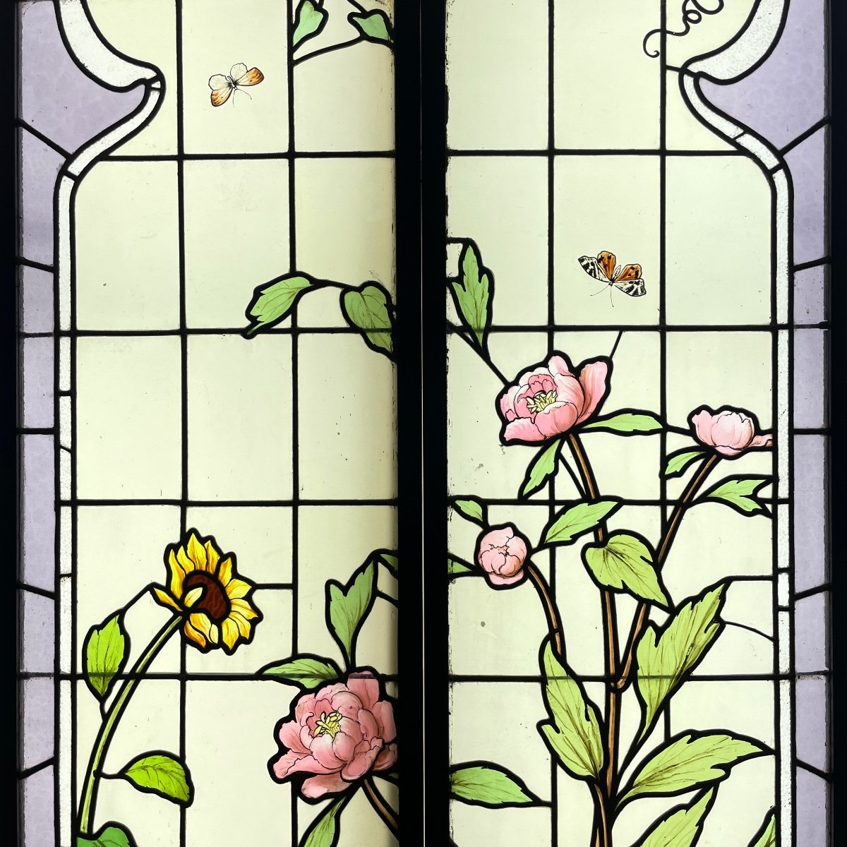Art Nouveau Stained Glass Window With Peonies (163.5 X 108 Cm)-photo-3