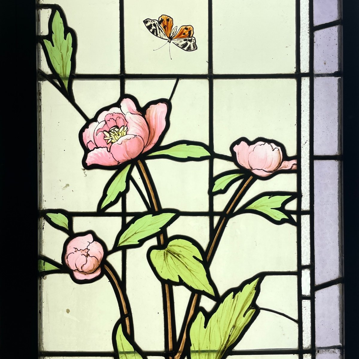 Art Nouveau Stained Glass Window With Peonies (163.5 X 108 Cm)-photo-4