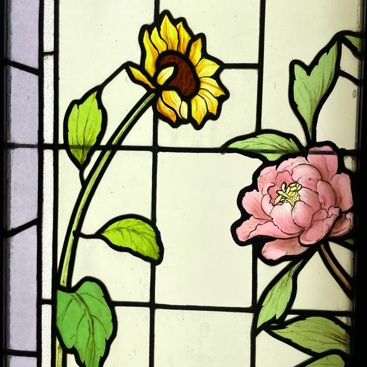 Art Nouveau Stained Glass Window With Peonies (163.5 X 108 Cm)-photo-1