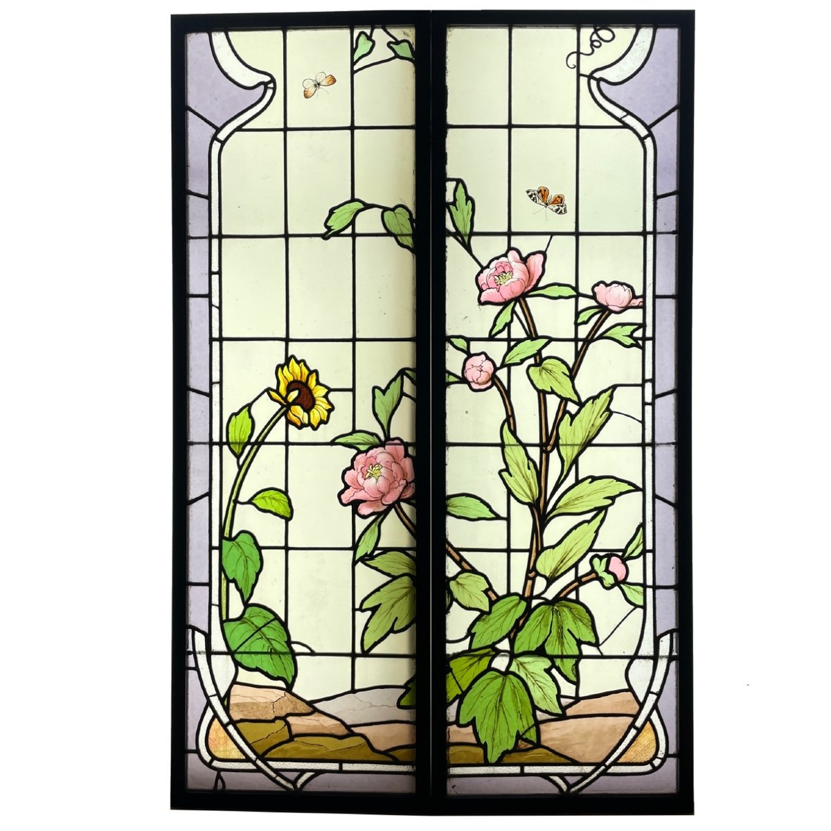 Vitrail Art Nouveau Aux Pivoines  (163,5 X 108 Cm)