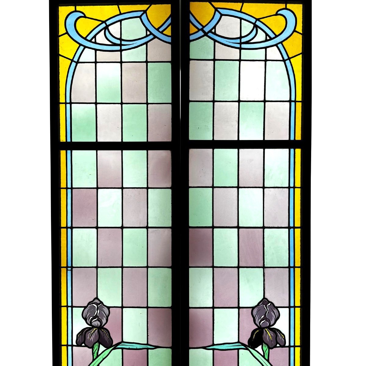 Vitraux Aux Iris Art Nouveau Signés Blanchon  (223 X 93 Cm)-photo-2