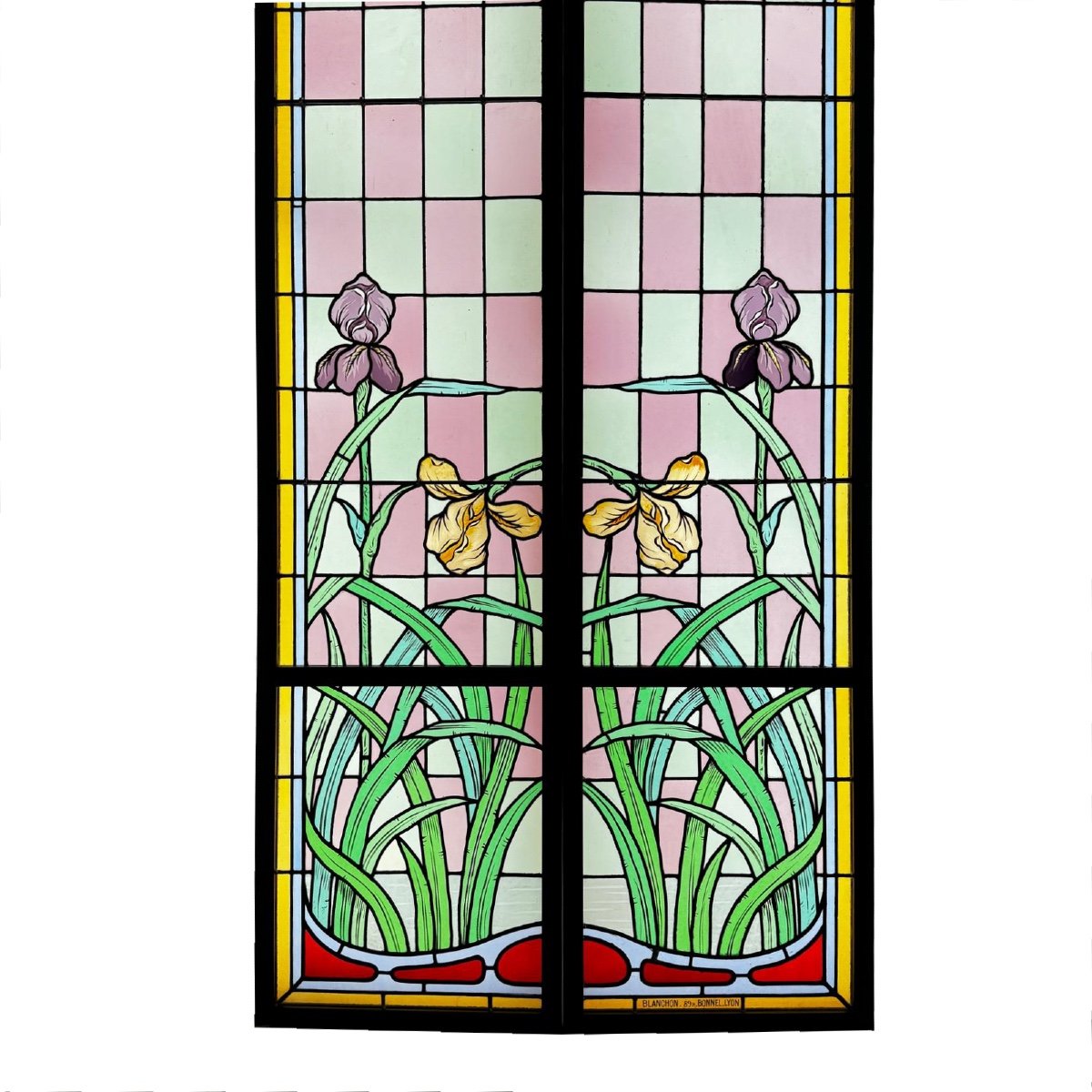 Vitraux Aux Iris Art Nouveau Signés Blanchon  (223 X 93 Cm)-photo-3