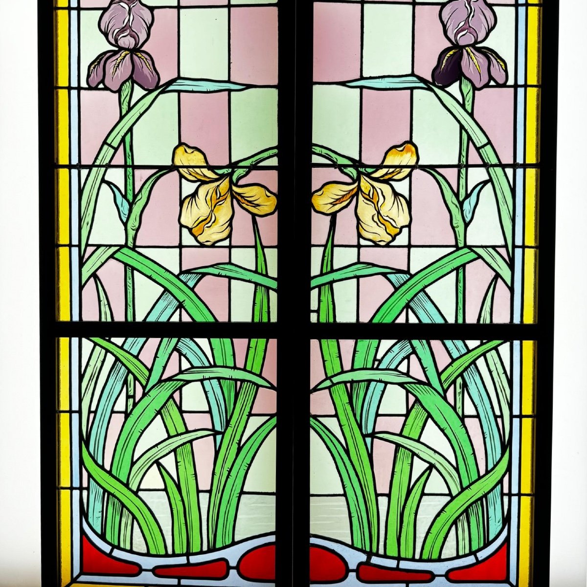 Vitraux Aux Iris Art Nouveau Signés Blanchon  (223 X 93 Cm)-photo-4