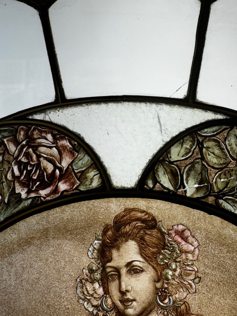 Vitrail Vitraux Femme Au Panier De Fleurs (186 X 79 Cm)-photo-3