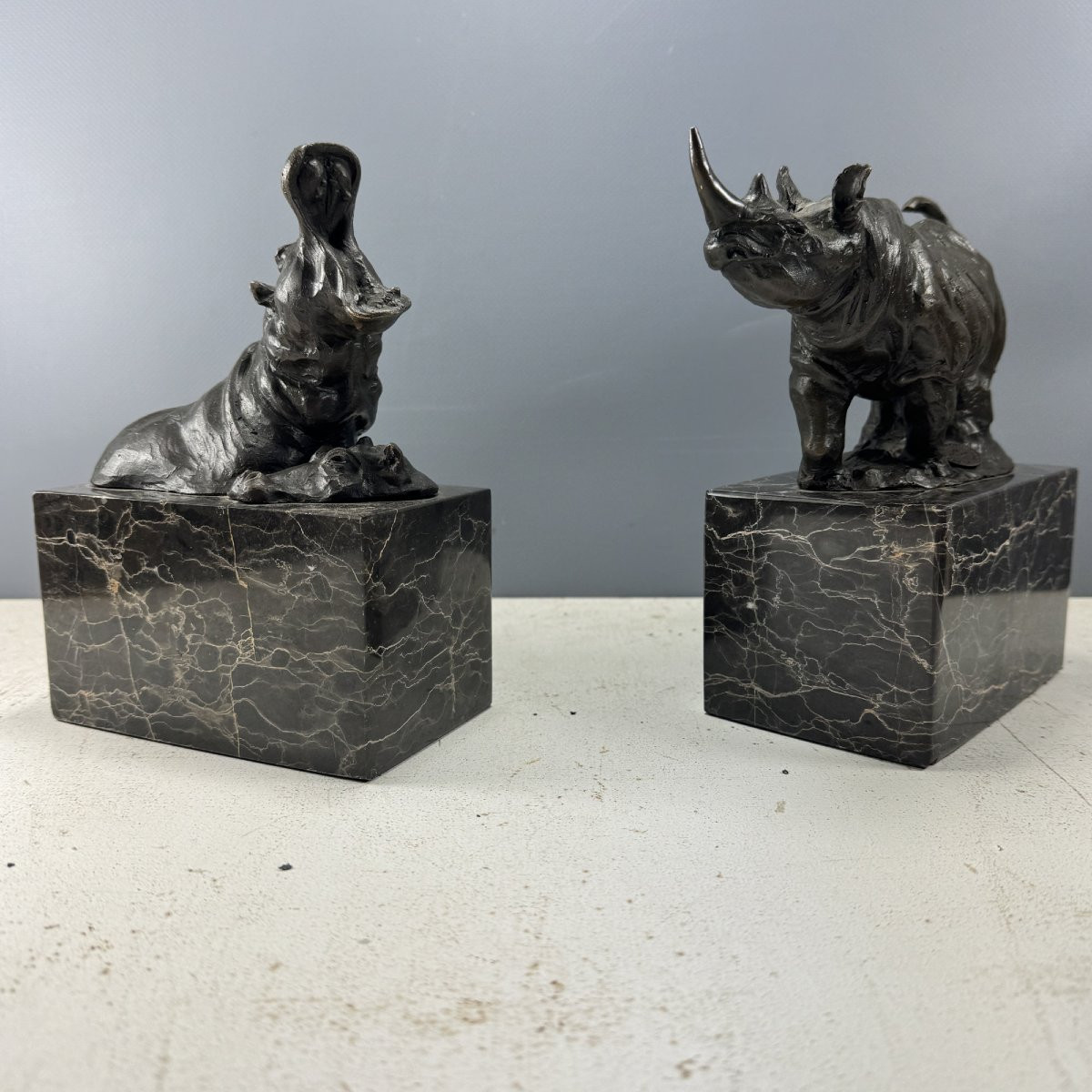 Paire De Serres-livres Hippopotames Et Rhinocéros En Bronze-photo-4