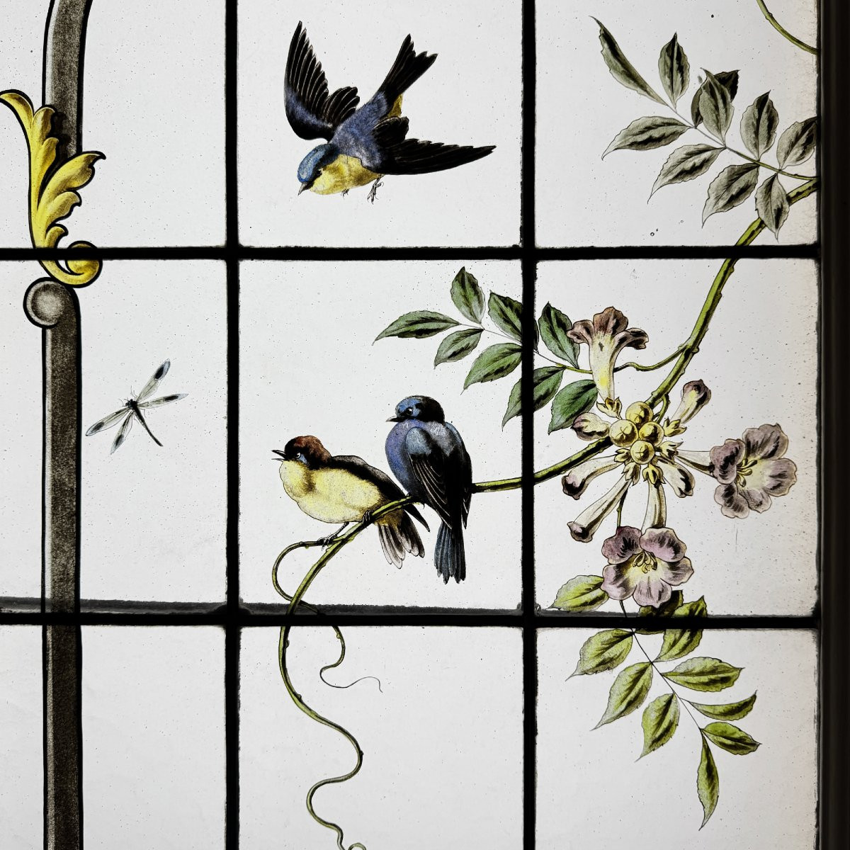 Pair Of Stained Glass Windows With Wisteria, Trumpet Berries, Roses And Titmice-photo-1