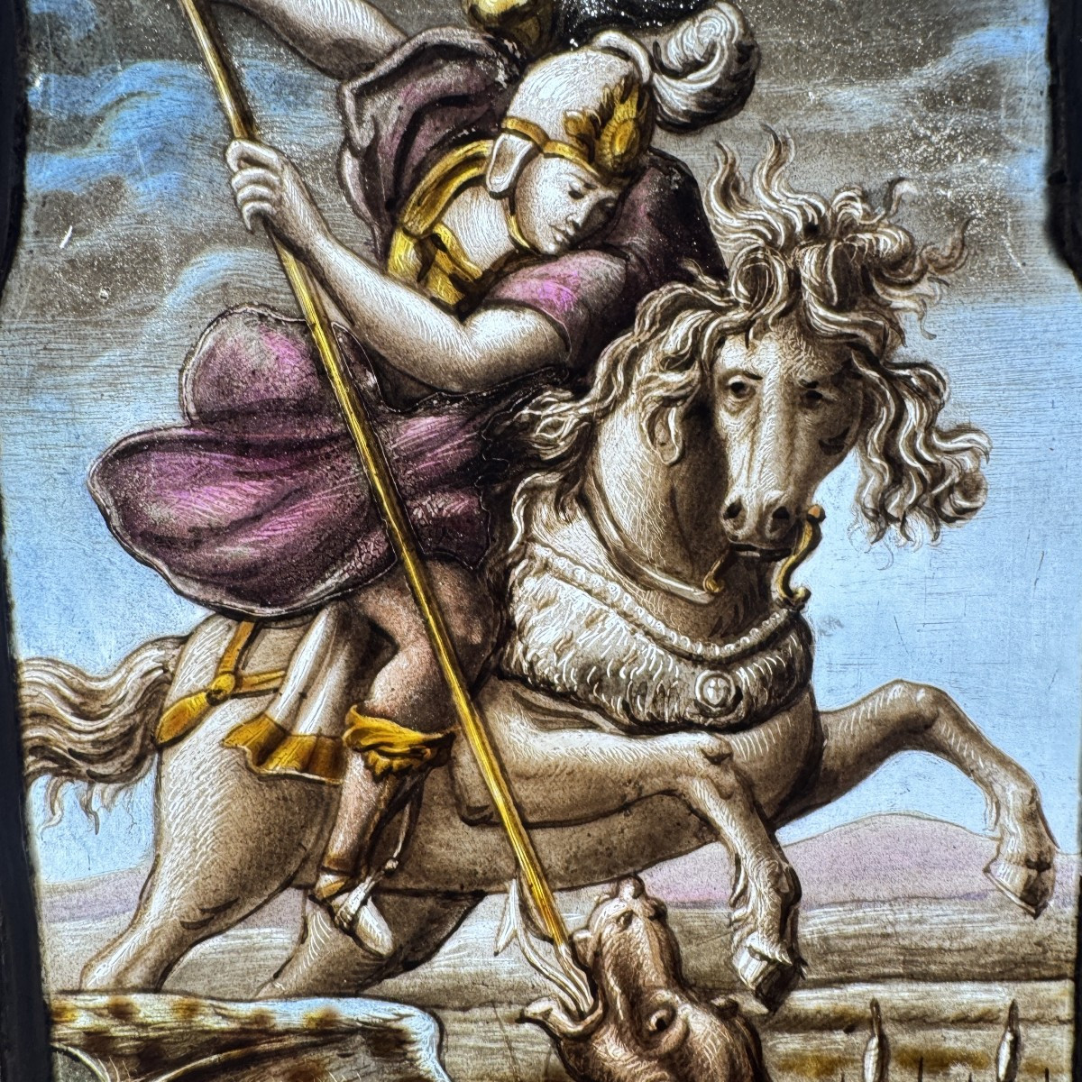 Stained Glass Window In The Renaissance Style Depicting Saint Michael Slaying The Dragon-photo-3