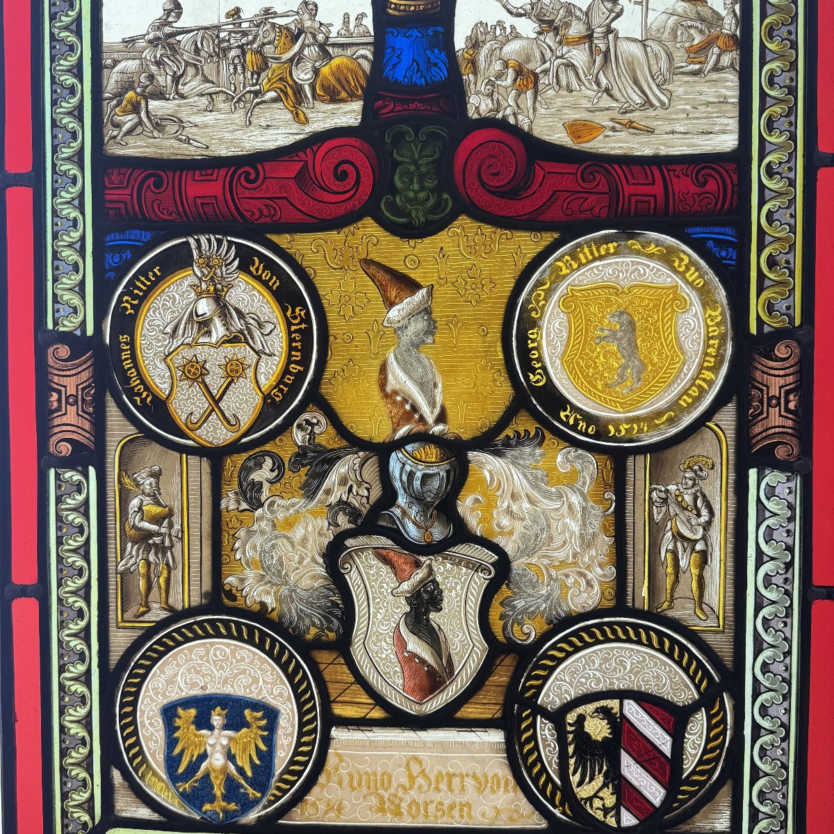 Stained Glass Window With Coats Of Arms And Chivalric Scenes (h54cm W42cm)-photo-2