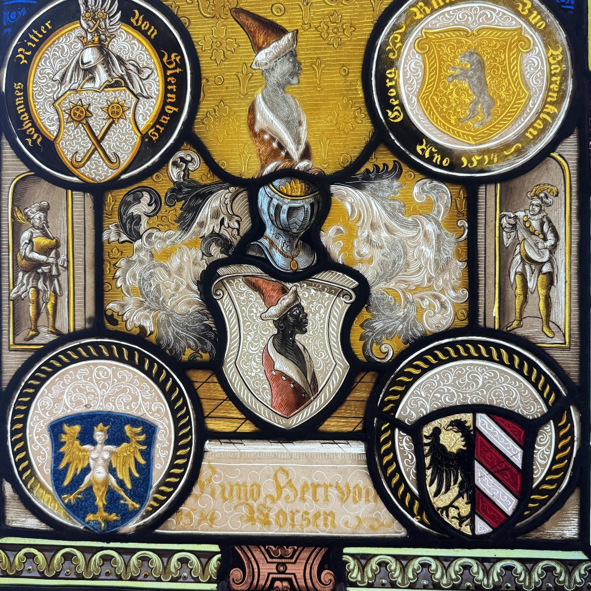 Stained Glass Window With Coats Of Arms And Chivalric Scenes (h54cm W42cm)-photo-3