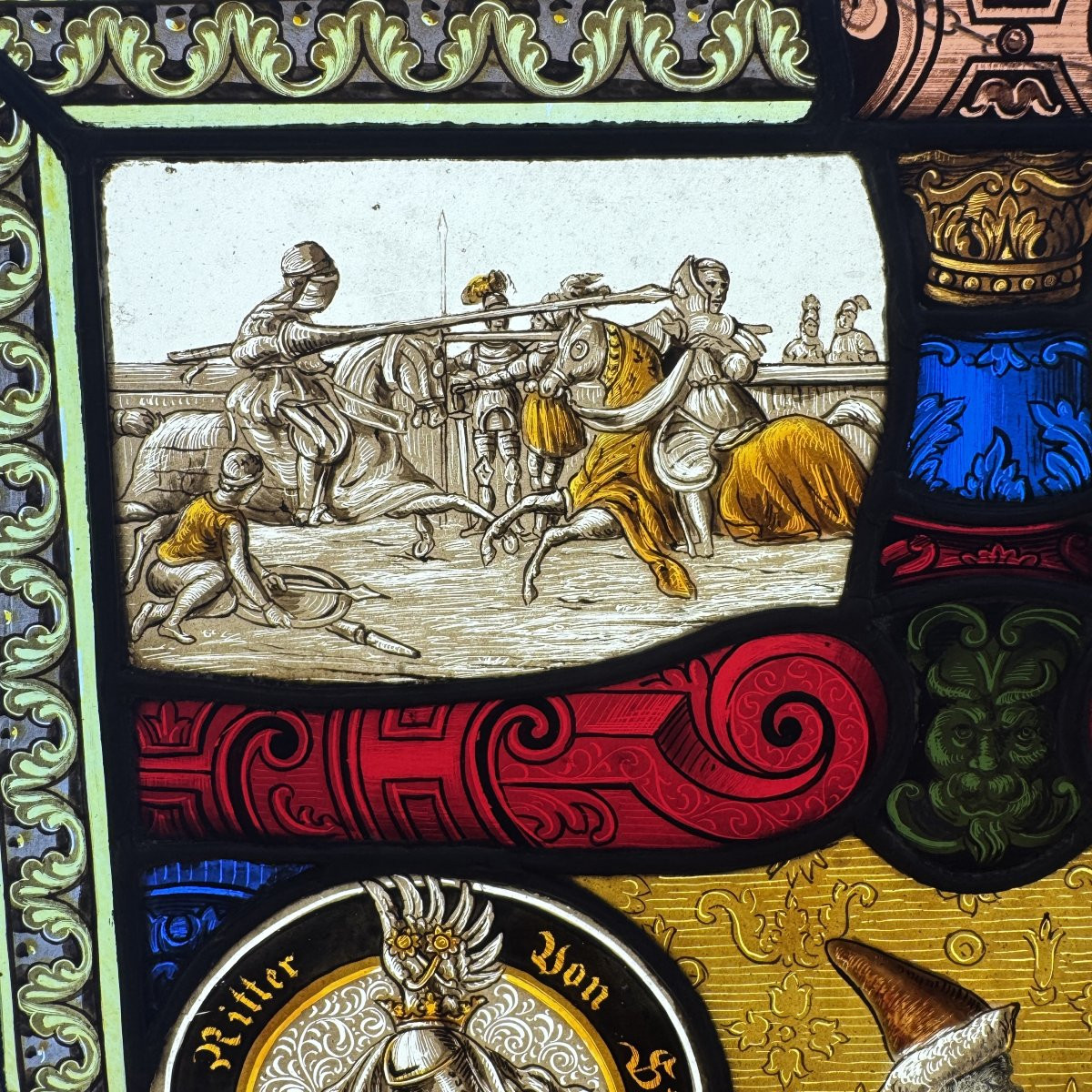 Stained Glass Window With Coats Of Arms And Chivalric Scenes (h54cm W42cm)-photo-1