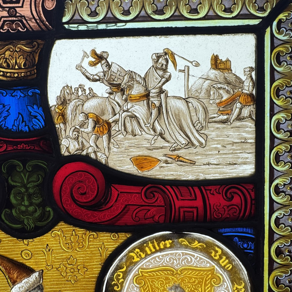 Stained Glass Window With Coats Of Arms And Chivalric Scenes (h54cm W42cm)-photo-2