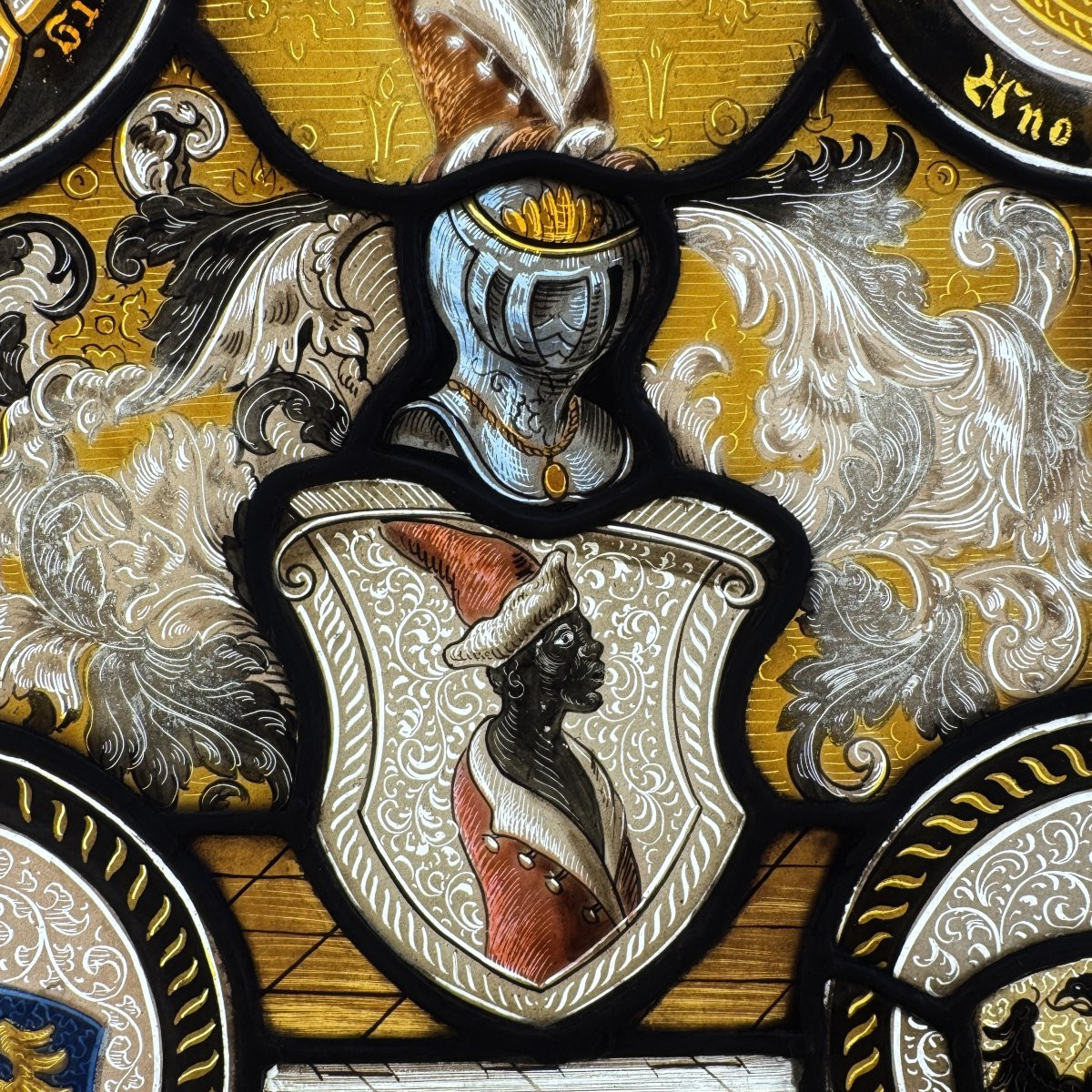 Stained Glass Window With Coats Of Arms And Chivalric Scenes (h54cm W42cm)-photo-3