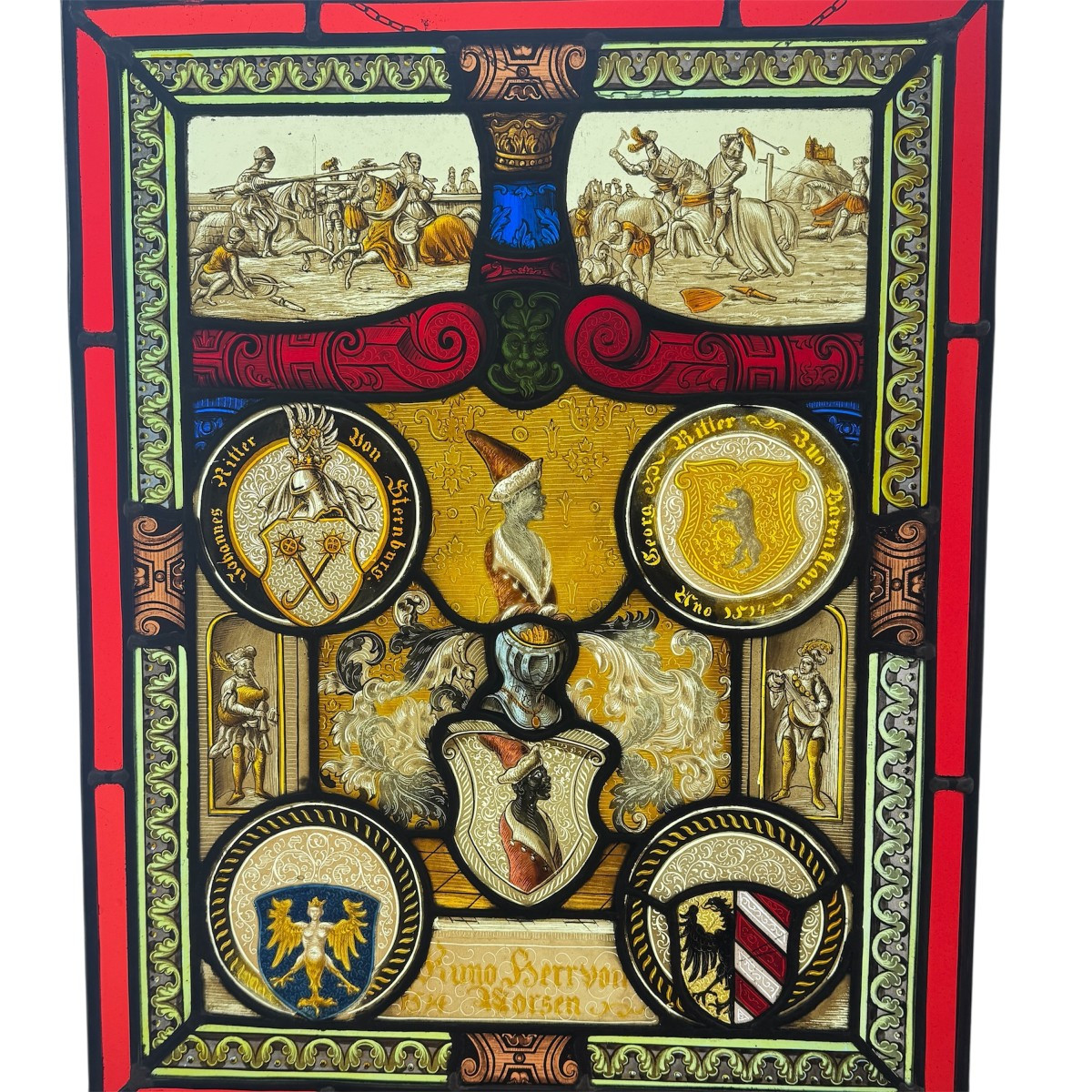 Stained Glass Window With Coats Of Arms And Chivalric Scenes (h54cm W42cm)
