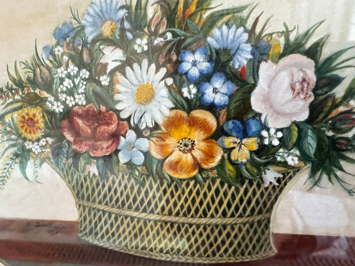 Corbeille fleurie gouache sur papier -photo-3