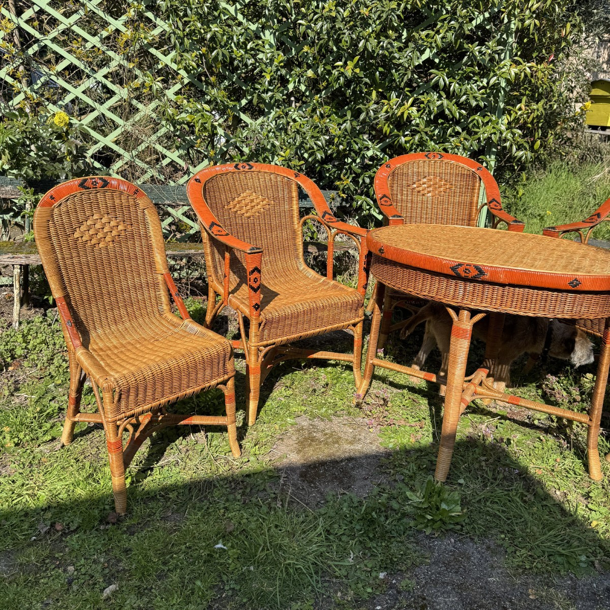 Salon de jardin rotin 7 pièces circa 1920-photo-3