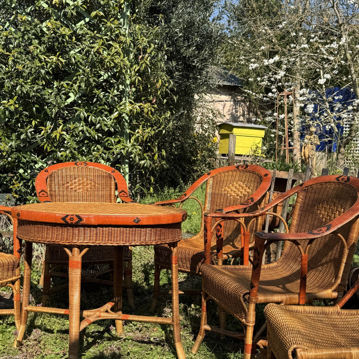 Salon de jardin rotin 7 pièces circa 1920-photo-4