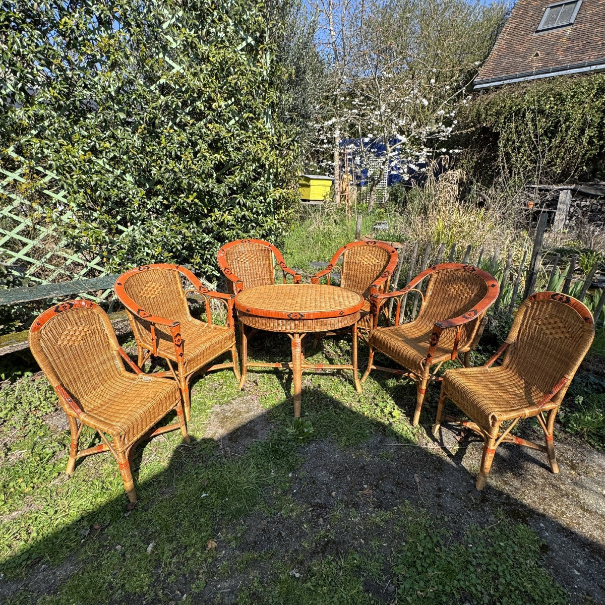 Salon de jardin rotin 7 pièces circa 1920