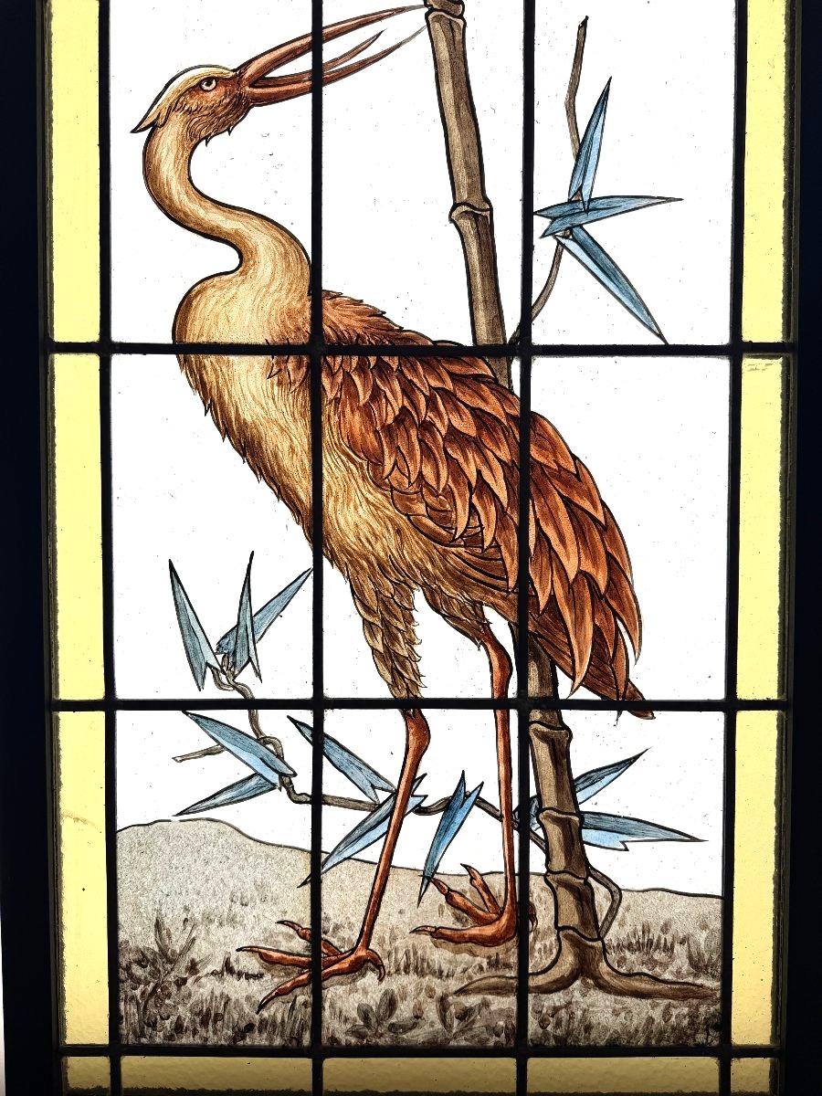 Stained Glass Window In Japanese Style With A Heron, H165cm W50cm-photo-1