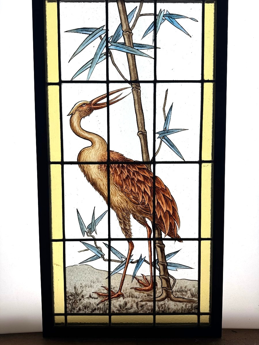 Stained Glass Window In Japanese Style With A Heron, H165cm W50cm-photo-2