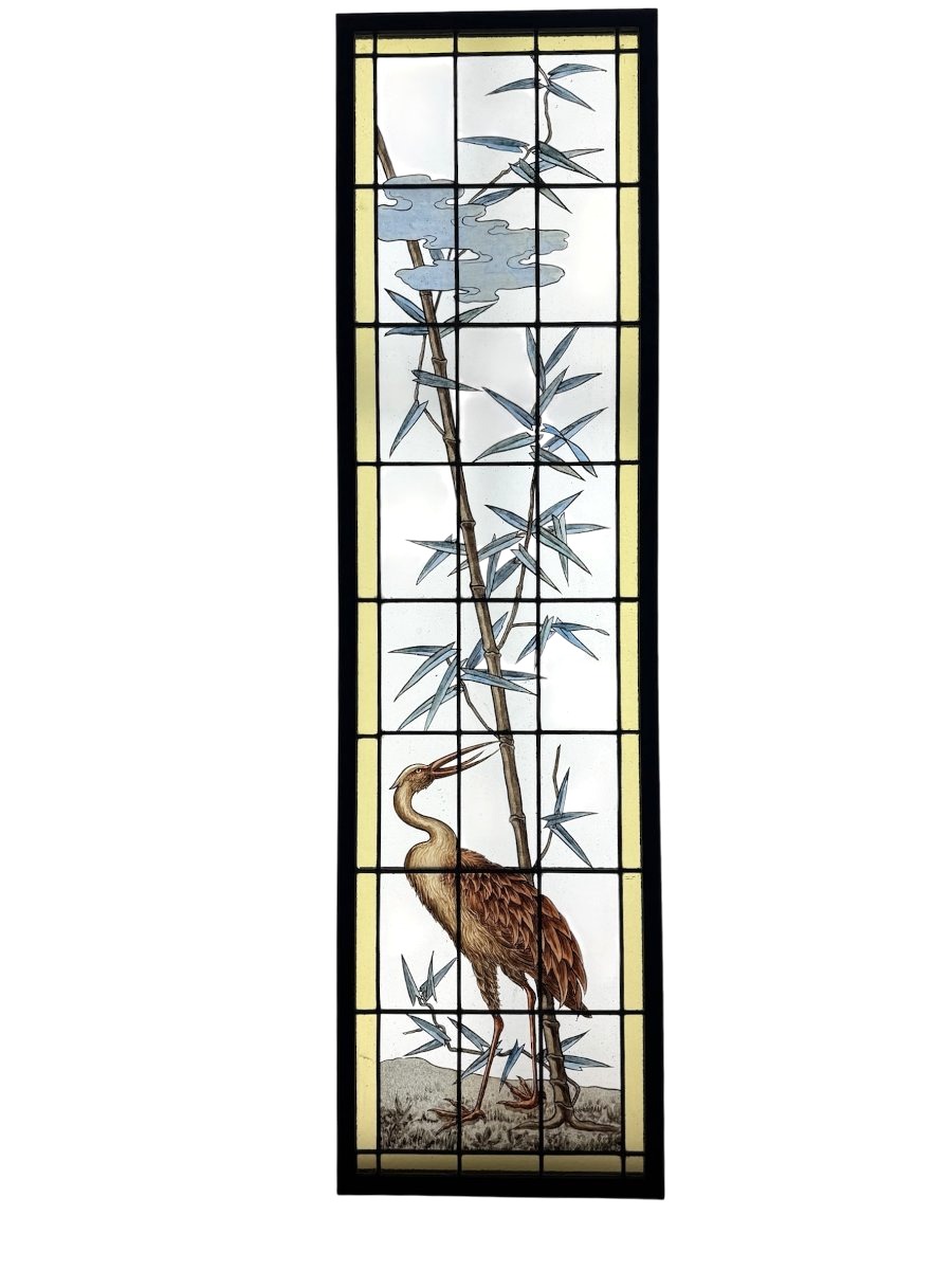 Stained Glass Window In Japanese Style With A Heron, H165cm W50cm