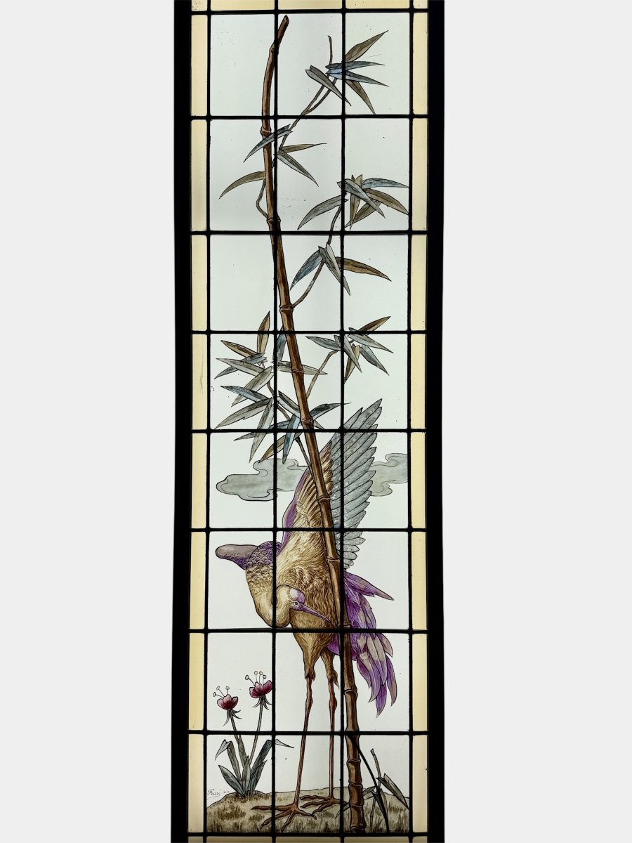 Stained-glass Window Featuring A Wading Bird, Signed By Fassi; H 151 Cm, W 50 Cm-photo-2