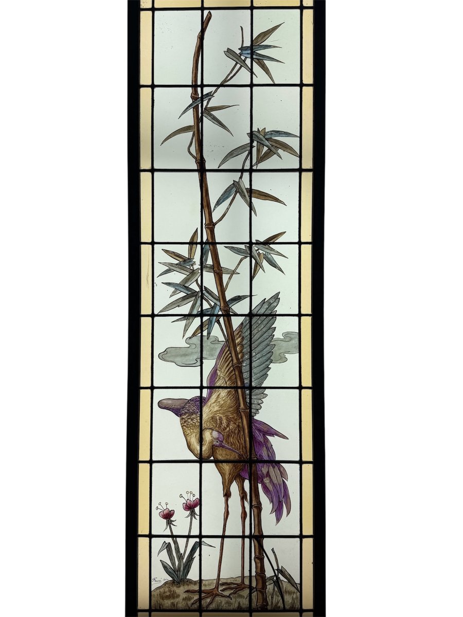 Stained-glass Window Featuring A Wading Bird, Signed By Fassi; H 151 Cm, W 50 Cm-photo-3
