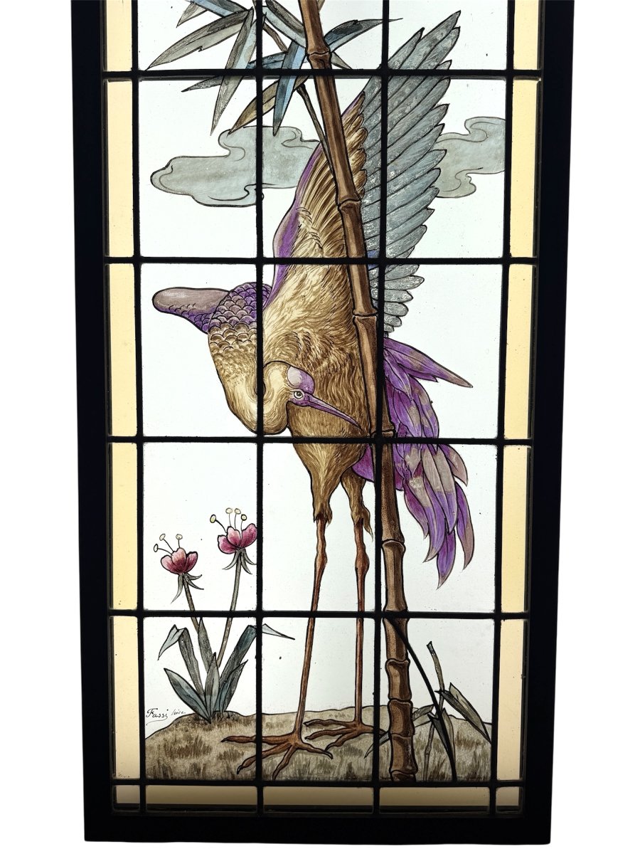 Stained-glass Window Featuring A Wading Bird, Signed By Fassi; H 151 Cm, W 50 Cm-photo-1
