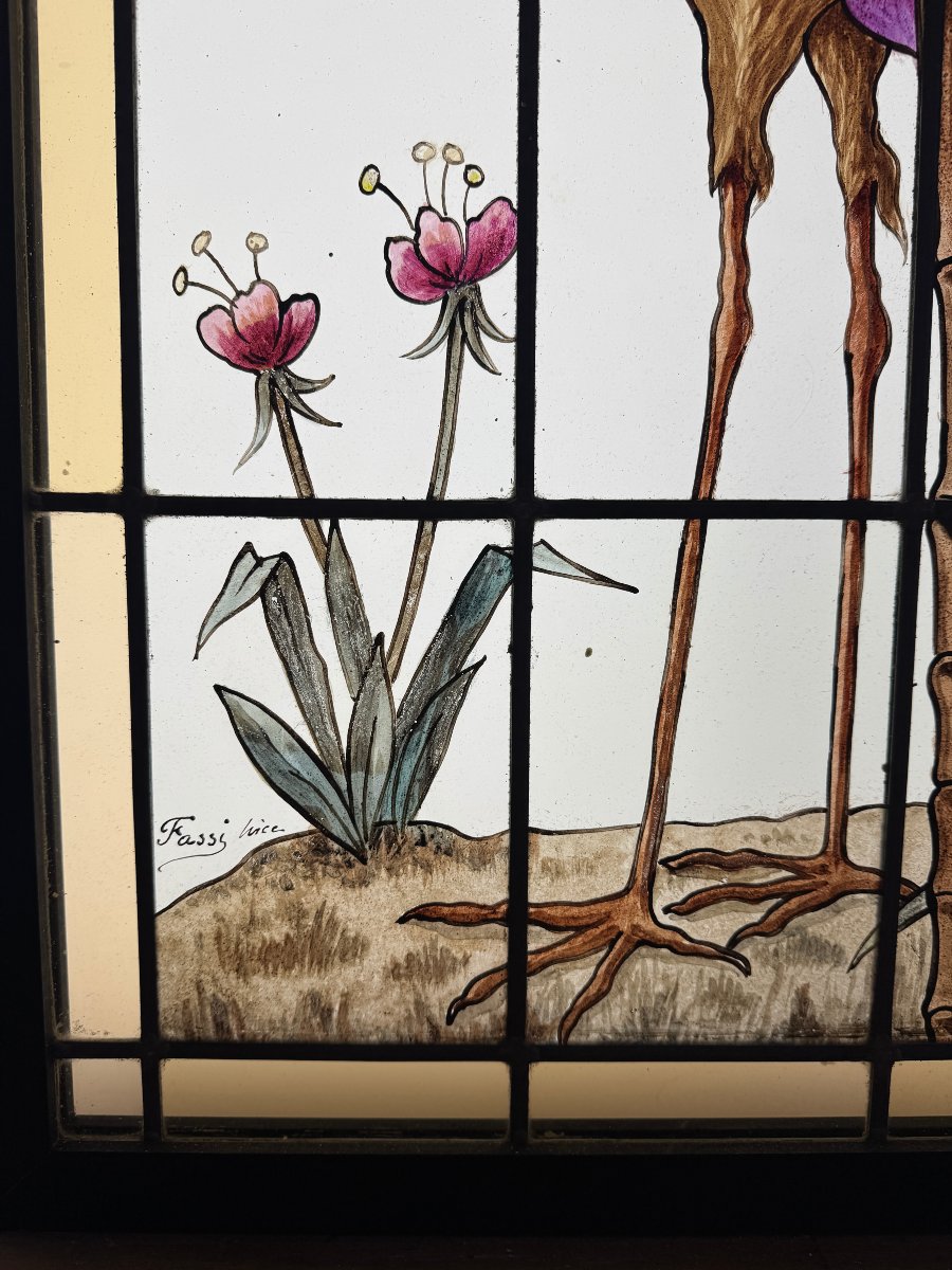 Stained-glass Window Featuring A Wading Bird, Signed By Fassi; H 151 Cm, W 50 Cm-photo-2