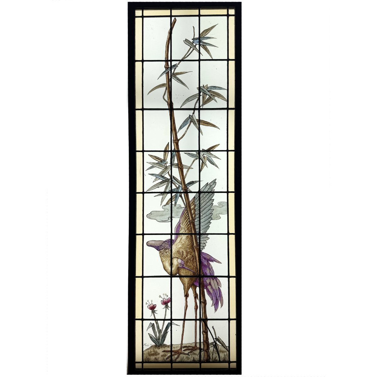 Stained-glass Window Featuring A Wading Bird, Signed By Fassi; H 151 Cm, W 50 Cm