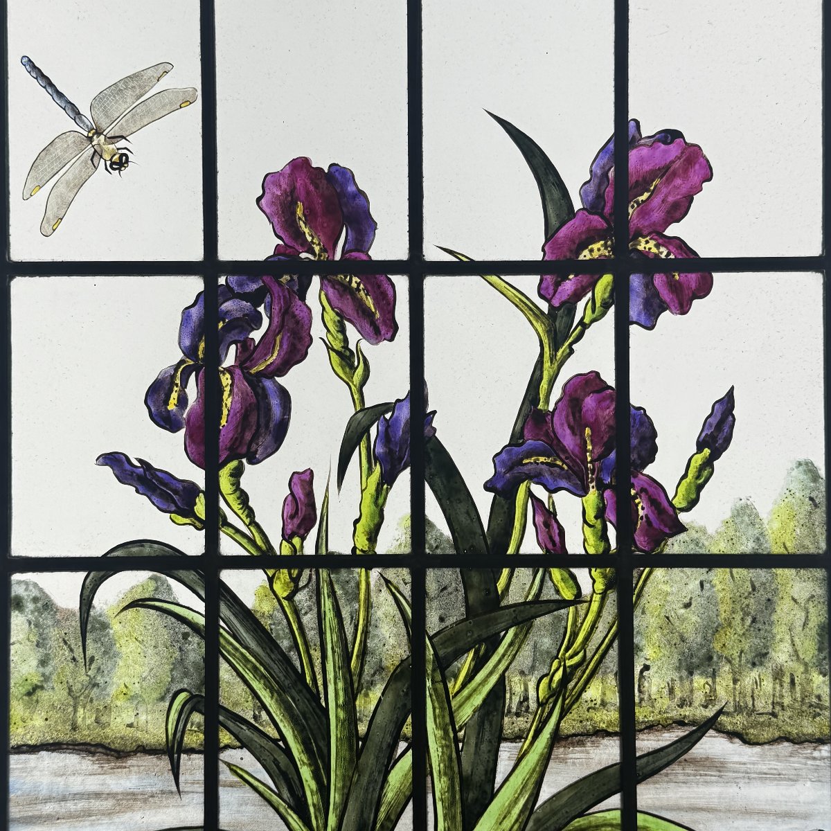 Stained Glass: Iris And Dragonfly, H55cm L40cm-photo-2