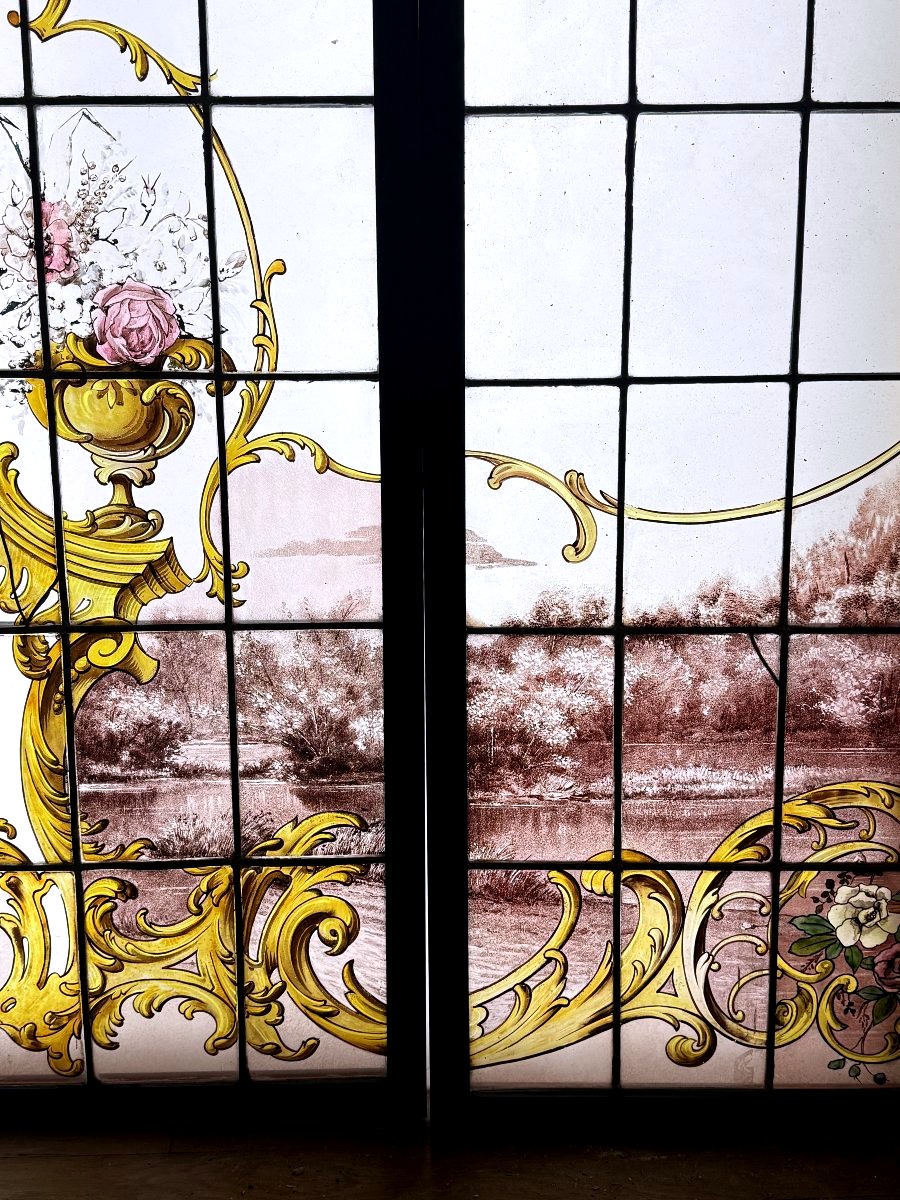Stained Glasses " Rinceaux Et Paysage Lacustre-photo-1