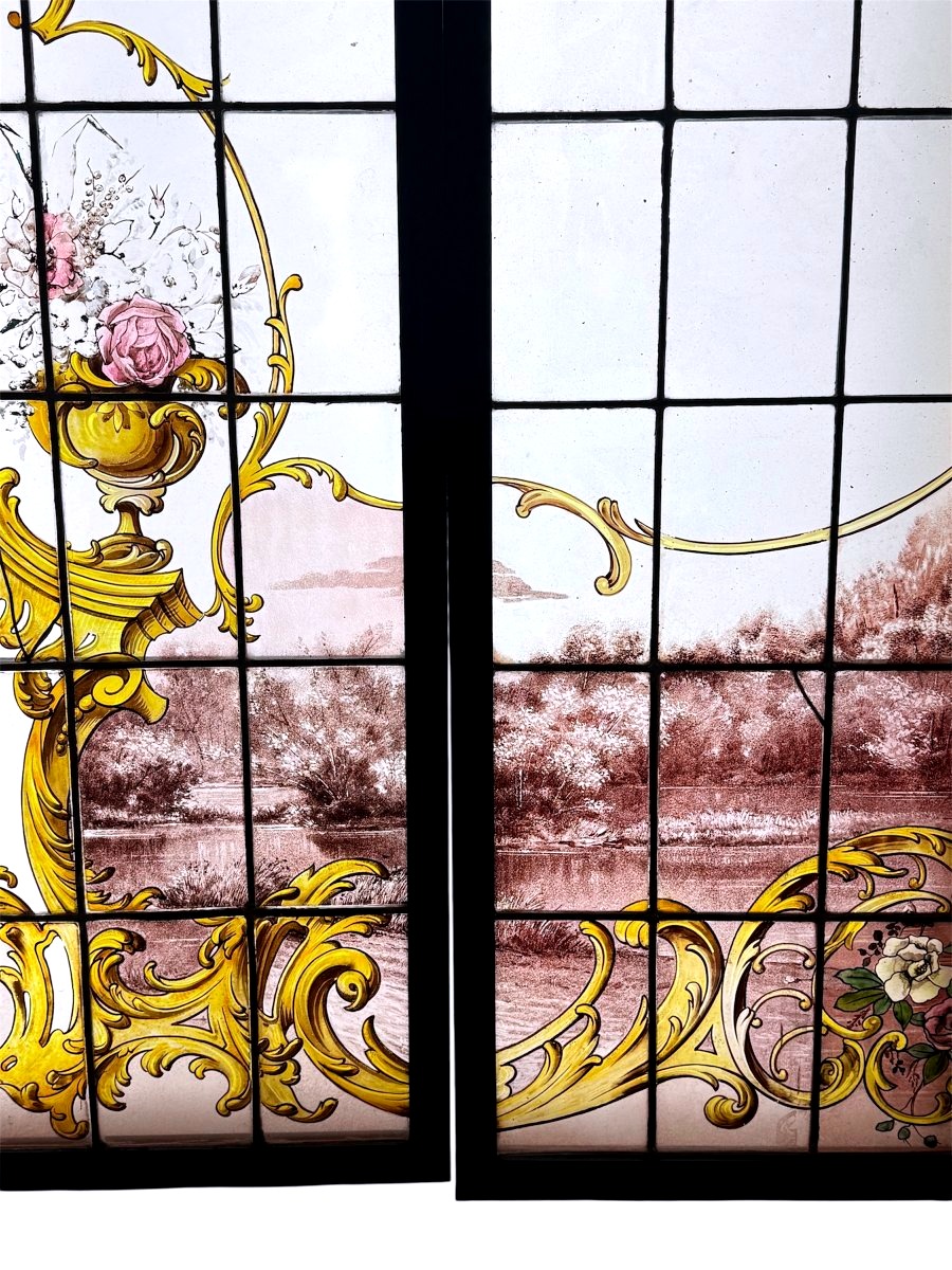 Stained Glasses " Rinceaux Et Paysage Lacustre-photo-2