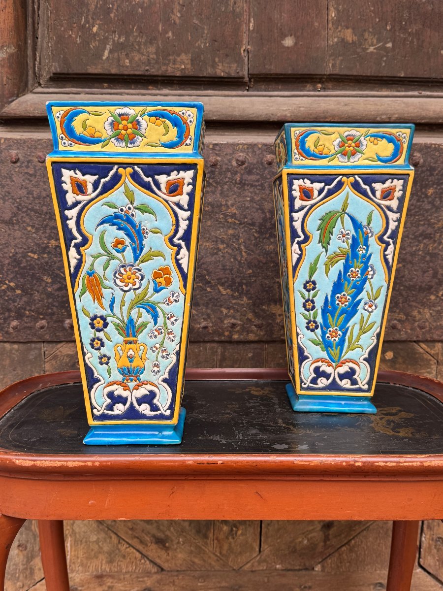 Pair Of Vieillard Bordeaux Vases With Enamel Work By Amédée De Carenza