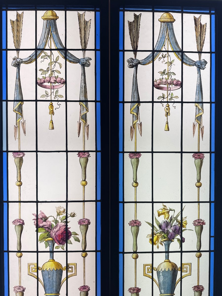 Pair Of Stained-glass Windows Featuring Amphorae With Flowers (h 172 Cm, W 86 Cm)-photo-2