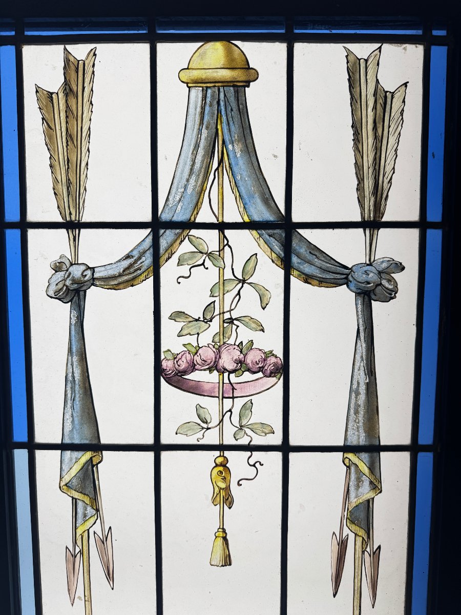 Pair Of Stained-glass Windows Featuring Amphorae With Flowers (h 172 Cm, W 86 Cm)-photo-4