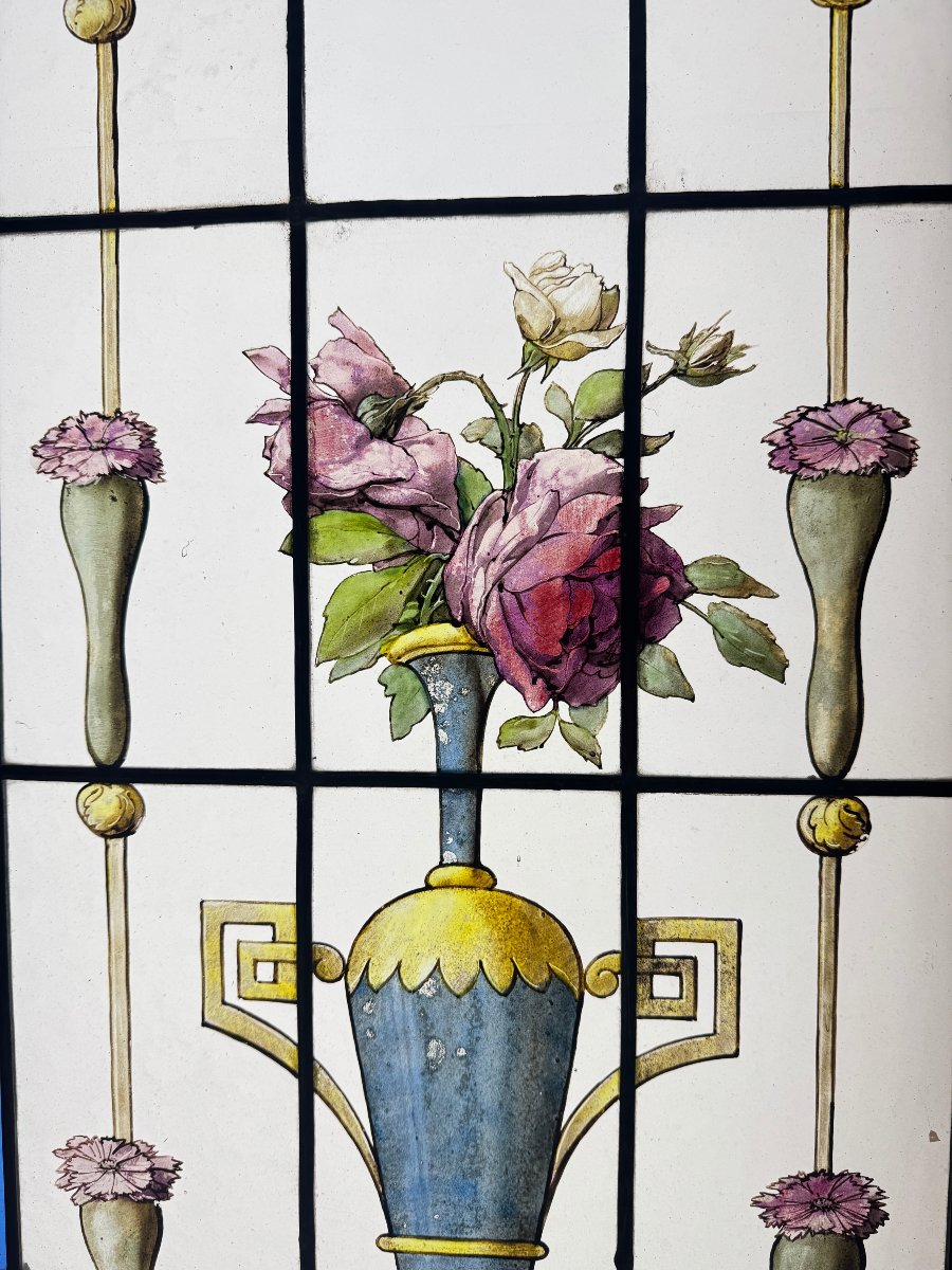 Pair Of Stained-glass Windows Featuring Amphorae With Flowers (h 172 Cm, W 86 Cm)-photo-1