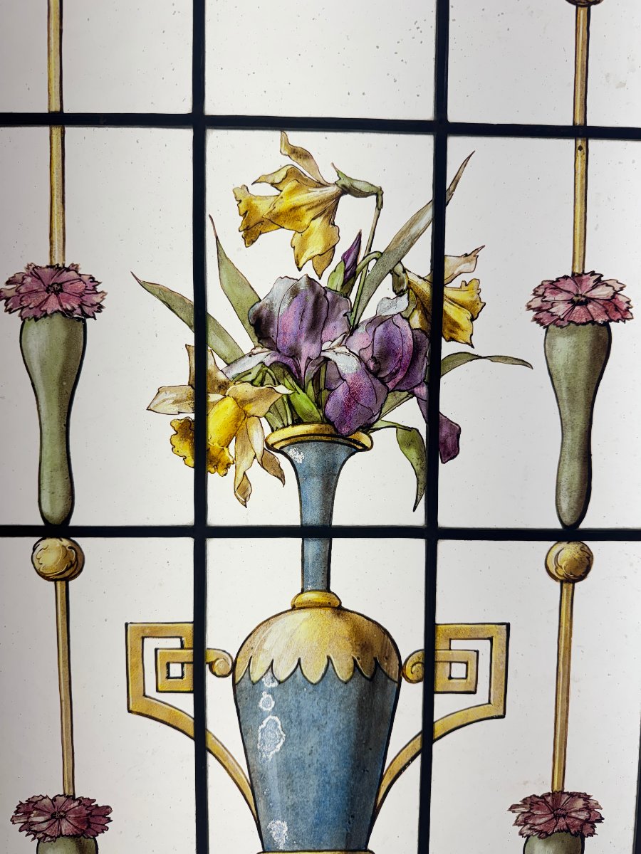Pair Of Stained-glass Windows Featuring Amphorae With Flowers (h 172 Cm, W 86 Cm)-photo-2
