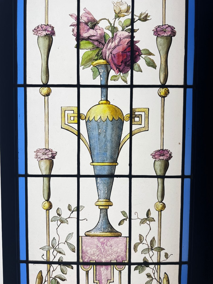 Pair Of Stained-glass Windows Featuring Amphorae With Flowers (h 172 Cm, W 86 Cm)-photo-3